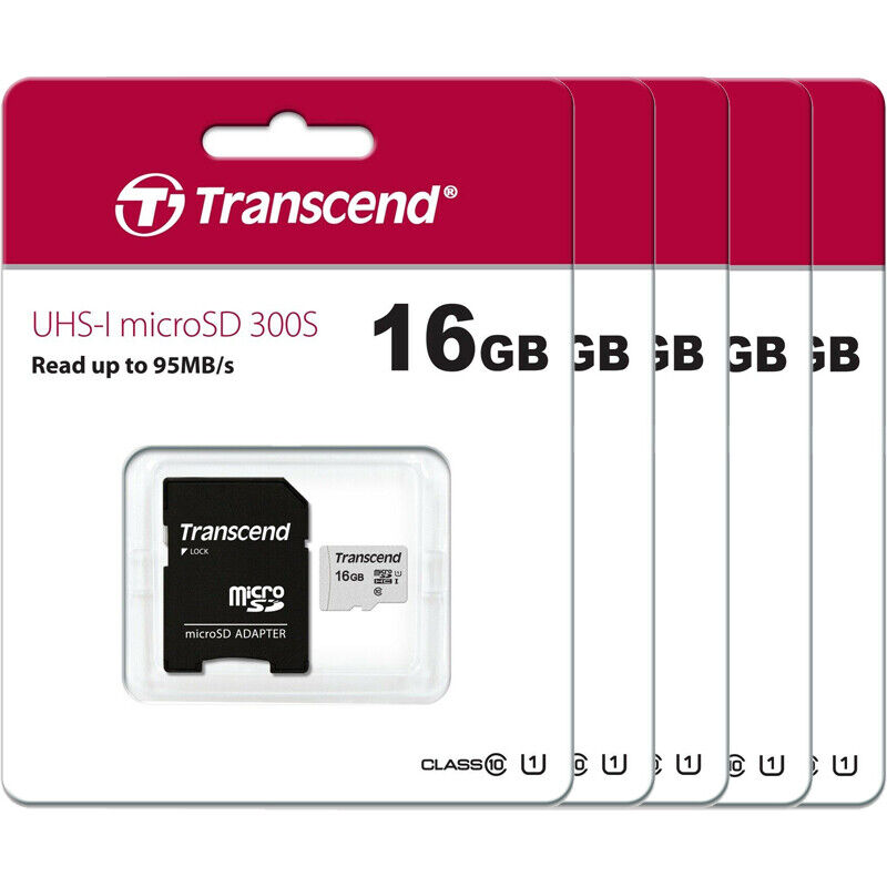 Transcend 16GB MicroSD UHS-1 300s Memory Card with Adapter, 5 Pack